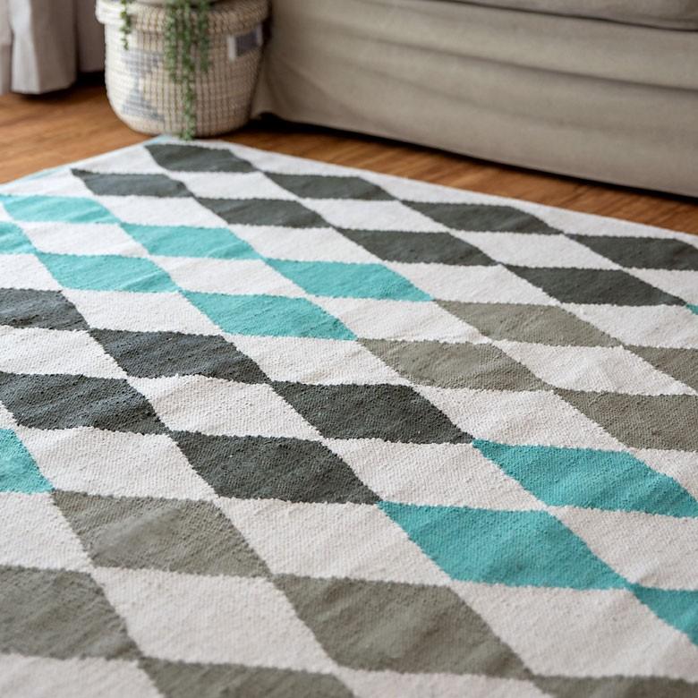 ラグ カーペット ラグマット ダイヤ柄 ひし形 綿100% 140×200cm ブルー