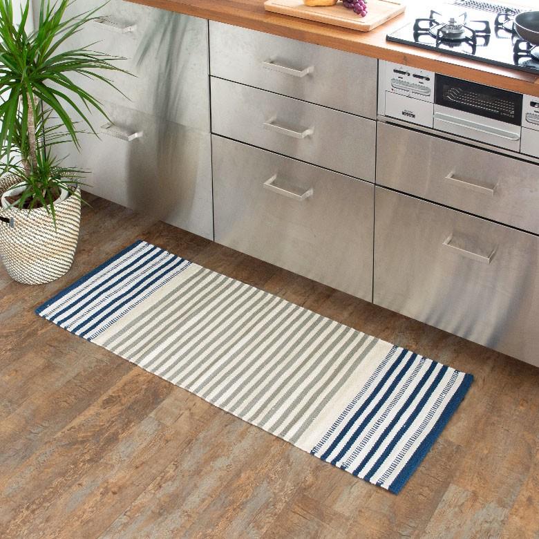 キッチンマット 室内 コットン ラグマット ボーダー柄 綿100% 45×120cm ブルー 玄関マット キリム風 ストライプ柄 キッチン用品 34302 | ブランド登録なし | 13