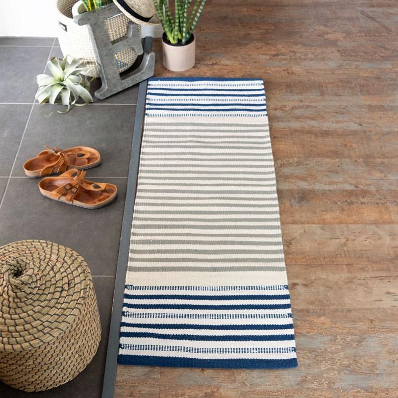 キッチンマット 室内 コットン ラグマット ボーダー柄 綿100% 45×120cm ブルー 玄関マット キリム風 ストライプ柄 キッチン用品 34302 | ブランド登録なし | 14