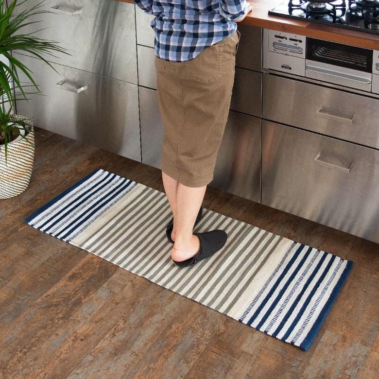 キッチンマット 室内 コットン ラグマット ボーダー柄 綿100% 45×120cm ブルー 玄関マット キリム風 ストライプ柄 キッチン用品 34302 | ブランド登録なし | 03