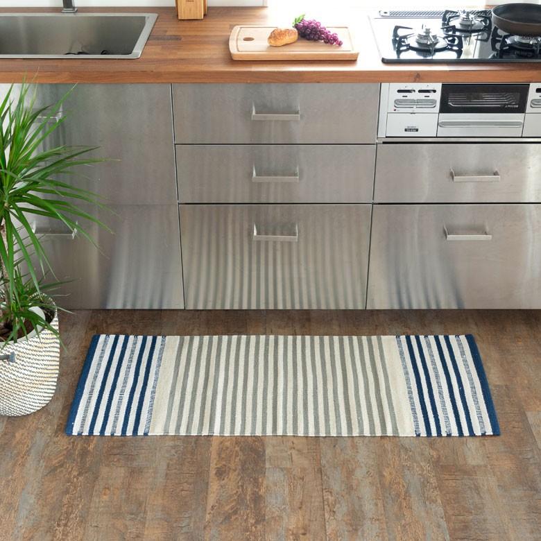 キッチンマット 室内 コットン ラグマット ボーダー柄 綿100% 45×120cm ブルー 玄関マット キリム風 ストライプ柄 キッチン用品 34302 | ブランド登録なし | 09