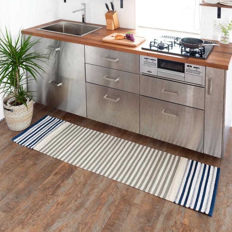 キッチンマット 室内 コットン ラグマット ボーダー柄 綿100% 45×180cm ブルー 玄関マット キリム風 ストライプ柄 キッチン用品 34303 | ブランド登録なし | 12