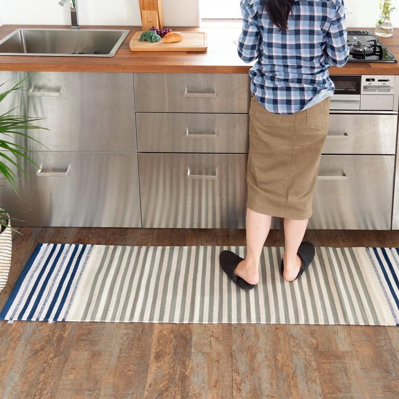 キッチンマット 室内 コットン ラグマット ボーダー柄 綿100% 45×180cm ブルー 玄関マット キリム風 ストライプ柄 キッチン用品 34303 | ブランド登録なし | 08