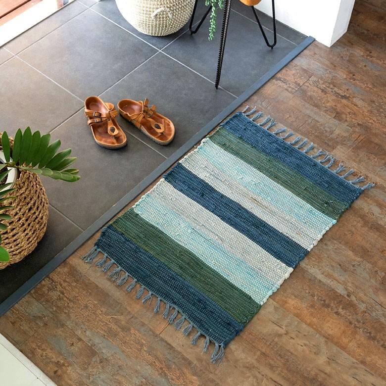 玄関マット 室内 コットン ラグマット ワイドボーダー柄 チンディ 綿100% 50×80cm ブルー キッチンマット コットンキリム風 ストライプ柄 34400-bl | ブランド登録なし | 03