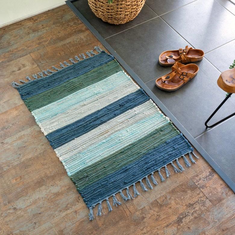 玄関マット 室内 コットン ラグマット ワイドボーダー柄 チンディ 綿100% 50×80cm ブルー キッチンマット コットンキリム風 ストライプ柄 34400-bl | ブランド登録なし | 07