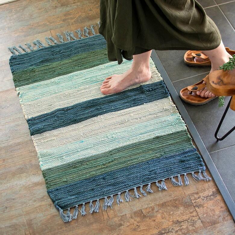 玄関マット 室内 コットン ラグマット ワイドボーダー柄 チンディ 綿100% 60×90cm ブルー キッチンマット コットンキリム風 ストライプ柄 34401-bl | ELEMENTS（インテリア） | 11