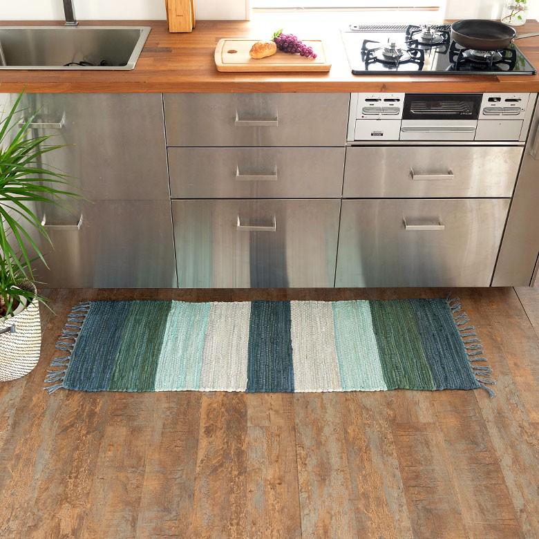 キッチンマット コットン ラグマット ワイドボーダー柄 チンディ 綿100% 45×120cm ブルー 玄関マット 室内 コットンキリム風 ストライプ柄 キッチン 34402-bl | ブランド登録なし | 09