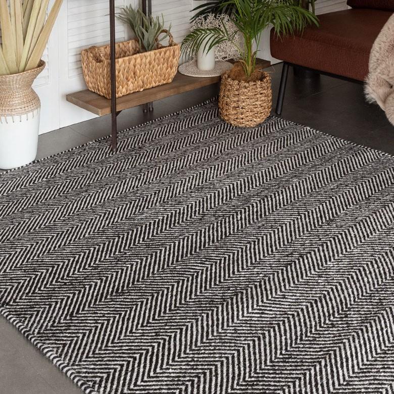 ラグ ラグマット 約140×200cm インド製 コットン ブラック ホワイト