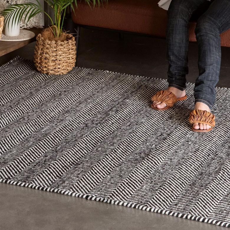 ラグ ラグマット 約140×200cm インド製 コットン ブラック ホワイト