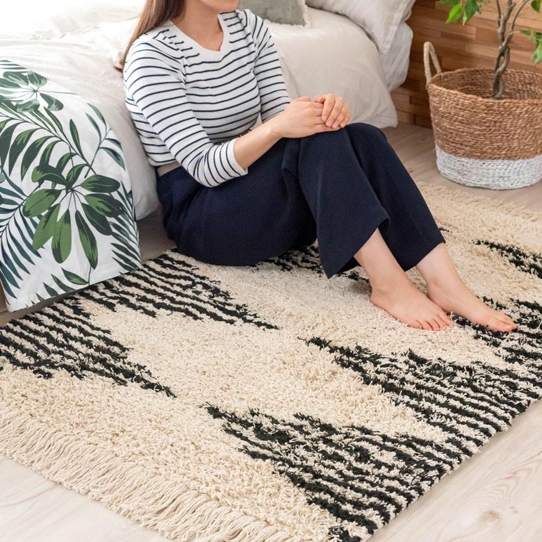 ラグ ラグマット ダイヤ柄 ダイヤモンド 100×140cm 白黒 BOHO カーペット 絨毯 じゅうたん おしゃれ エスニック ボーホー モノトーン  オールシーズン 34415 | ブランド登録なし | 07