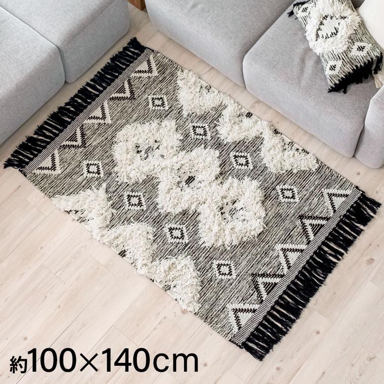 ラグ ラグマット オルテガ柄 エスニック フリンジ 100×140cm BOHO カーペット じゅうたん おしゃれ エスニック ボーホー モノトーン オールシーズン 34419 | ブランド登録なし