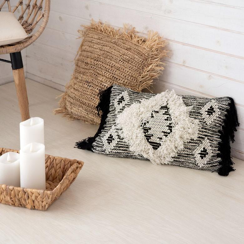 クッションカバー クッション オルテガ柄 エスニック フリンジ 30×50cm白黒 BOHO カバー おしゃれ お洒落 エスニック ボーホー モノトーン 四角 34422 | ブランド登録なし | 06