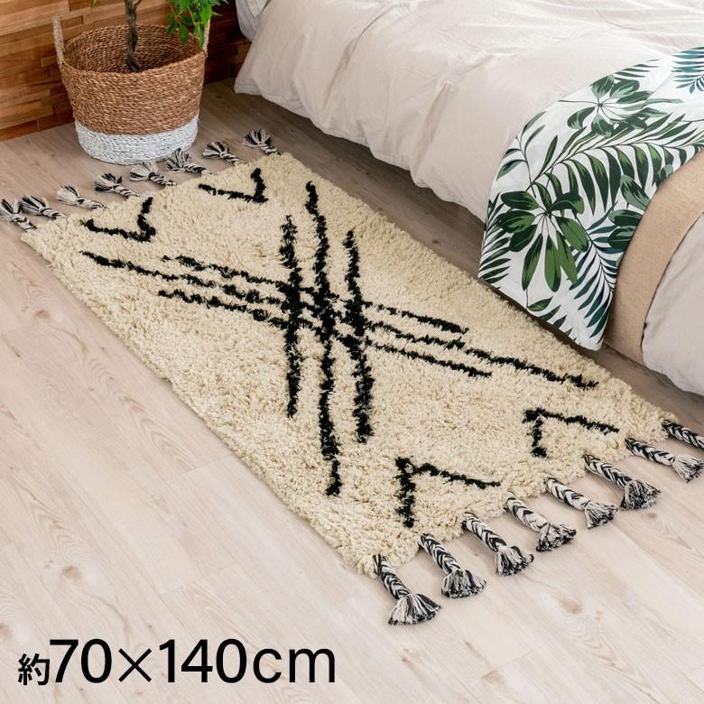 ラグ ラグマット ベニオワレン風 デザイン 70×140cm BOHO カーペット 絨毯 じゅうたん おしゃれ お洒落 エスニック ボーホー モノトーン  オールシーズン 34432 | ELEMENTS（インテリア）