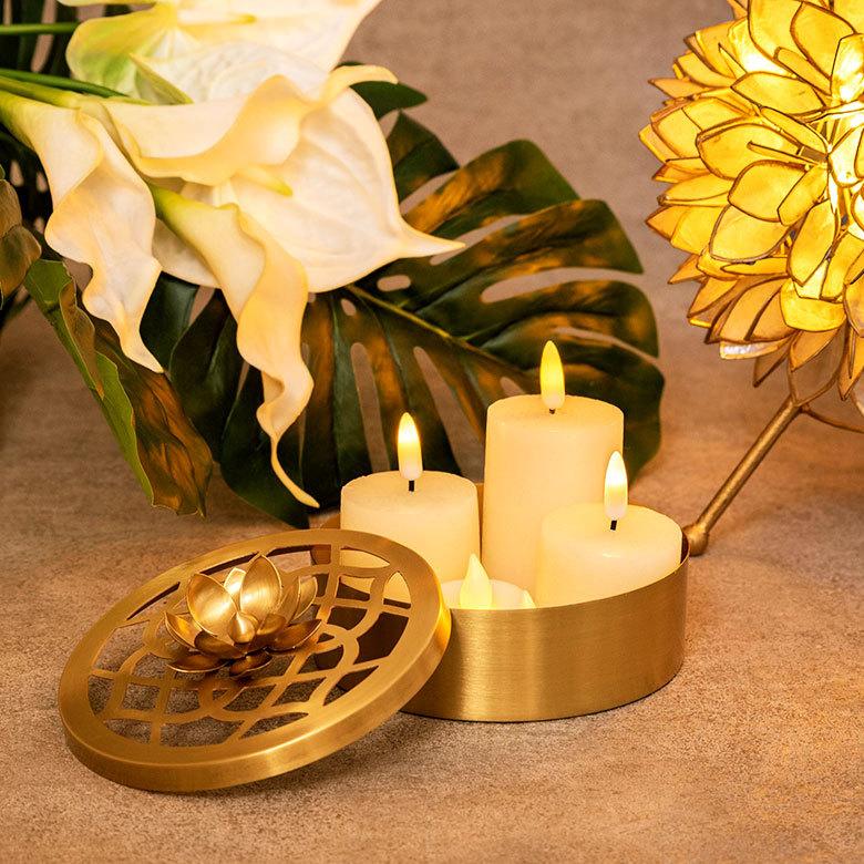 小物入れ 蚊取り線香入れ 蚊取り線香ホルダー 真鍮 ゴールド 直径 約13.5cm 蚊遣り 器 蓮 蚊やり ケース  かやり 入れ物 ポット キャンドル 34451 | ブランド登録なし | 16