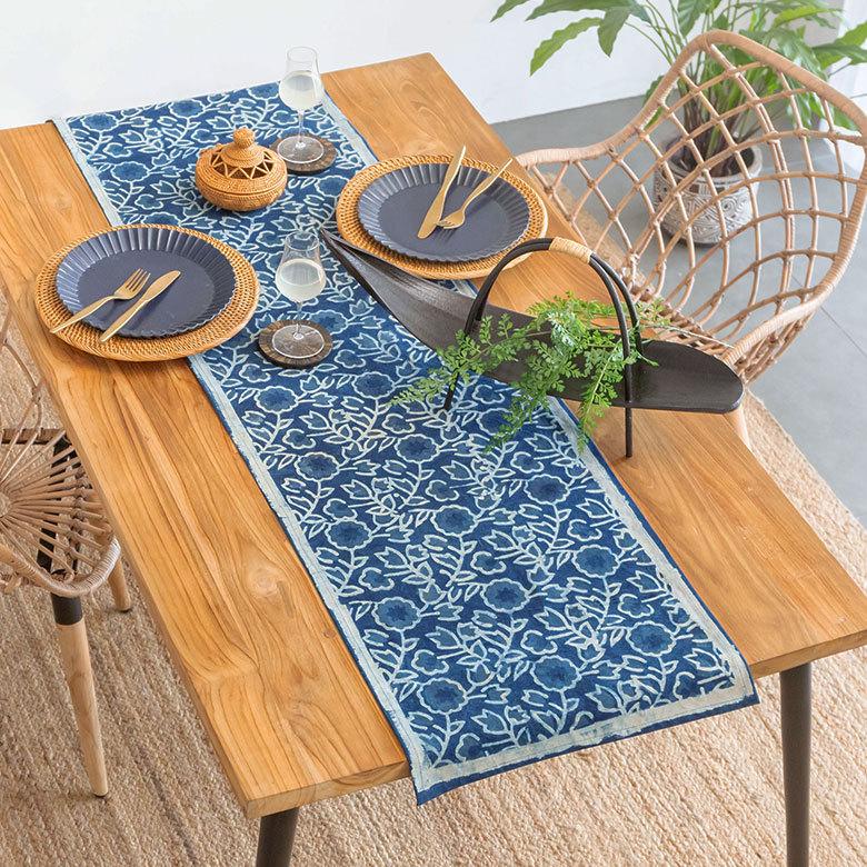 テーブルランナー インド ブロック プリント 柄 綿 コットン W約150cm テーブルカバー 布 ダイニング ブルー アジアン エスニック 34452-bl | ブランド登録なし | 12