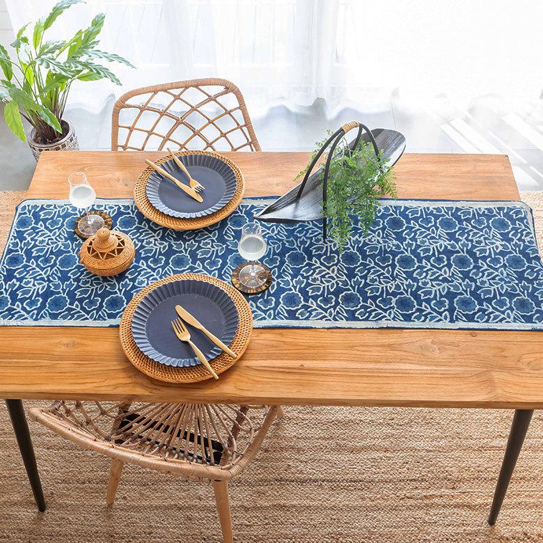 テーブルランナー インド ブロック プリント 柄 綿 コットン W約150cm テーブルカバー 布 ダイニング ブルー アジアン エスニック 34452-bl | ブランド登録なし | 09
