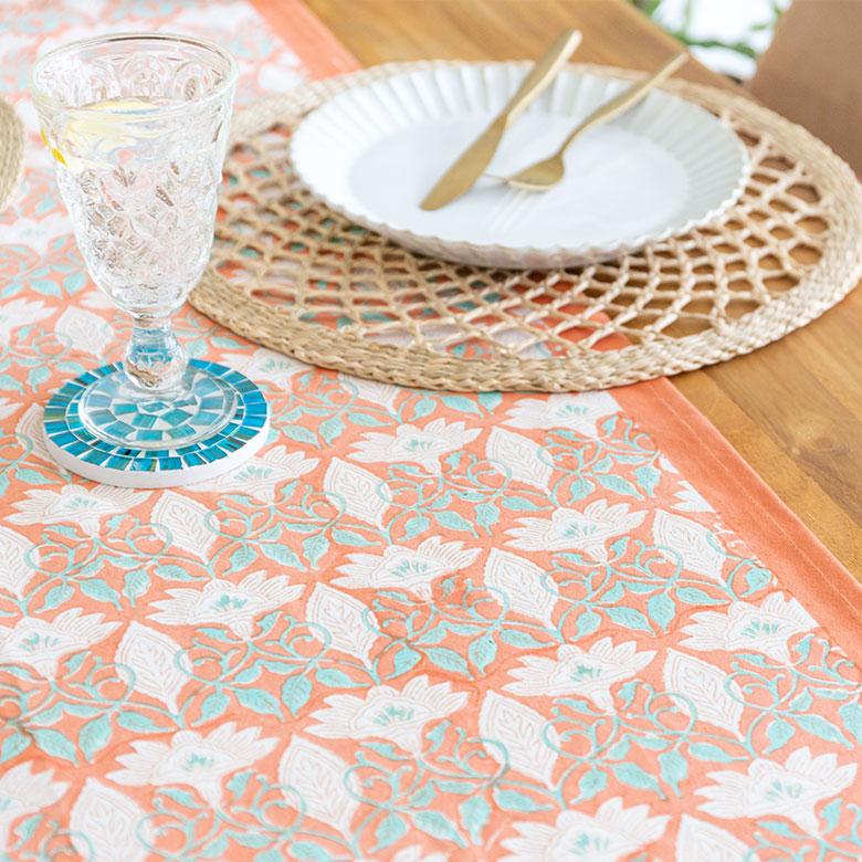 テーブルランナー インド ブロック プリント 柄 綿 コットン W約150cm テーブルカバー 布 ダイニング オレンジ アジアン エスニック 34452-og | ブランド登録なし | 10