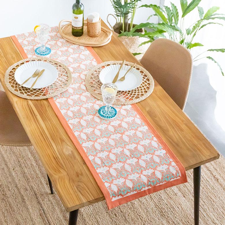 テーブルランナー インド ブロック プリント 柄 綿 コットン W約150cm テーブルカバー 布 ダイニング オレンジ アジアン エスニック 34452-og | ブランド登録なし | 11
