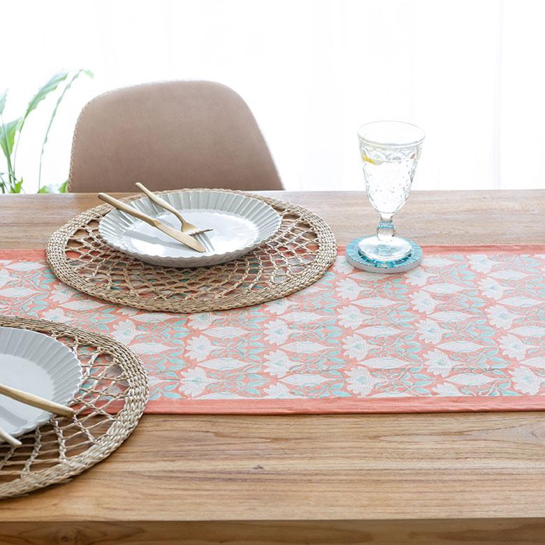 テーブルランナー インド ブロック プリント 柄 綿 コットン W約150cm テーブルカバー 布 ダイニング オレンジ アジアン エスニック 34452-og | ブランド登録なし | 12