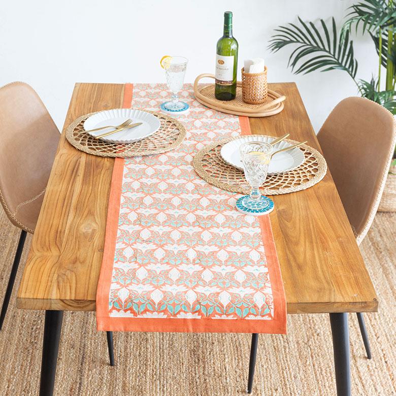 テーブルランナー インド ブロック プリント 柄 綿 コットン W約150cm テーブルカバー 布 ダイニング オレンジ アジアン エスニック 34452-og | ブランド登録なし | 14