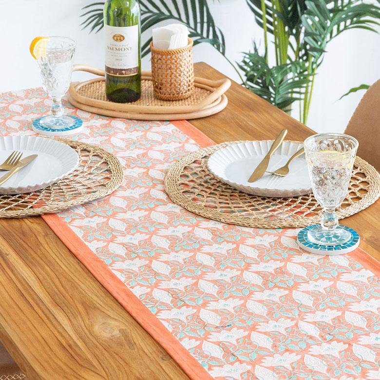 テーブルランナー インド ブロック プリント 柄 綿 コットン W約150cm テーブルカバー 布 ダイニング オレンジ アジアン エスニック 34452-og | ブランド登録なし | 04