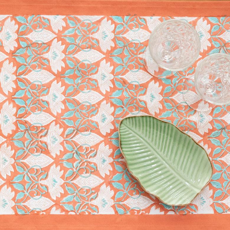 テーブルランナー インド ブロック プリント 柄 綿 コットン W約150cm テーブルカバー 布 ダイニング オレンジ アジアン エスニック 34452-og | ブランド登録なし | 06