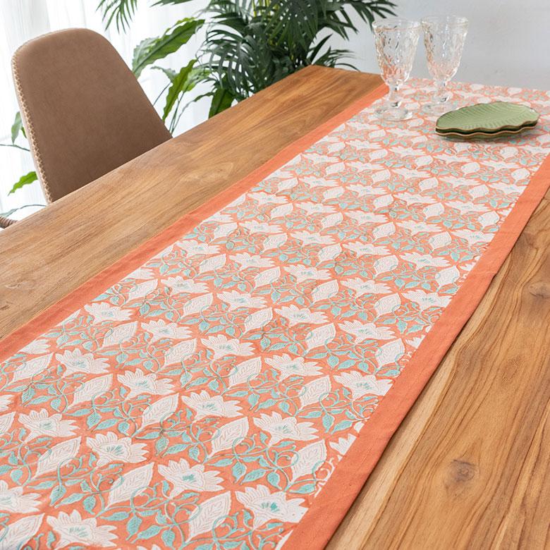 テーブルランナー インド ブロック プリント 柄 綿 コットン W約150cm テーブルカバー 布 ダイニング オレンジ アジアン エスニック 34452-og | ブランド登録なし | 07