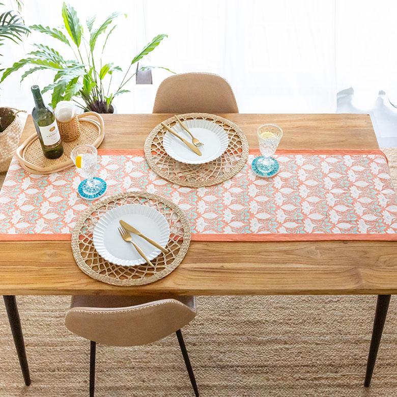 テーブルランナー インド ブロック プリント 柄 綿 コットン W約150cm テーブルカバー 布 ダイニング オレンジ アジアン エスニック 34452-og | ブランド登録なし | 08