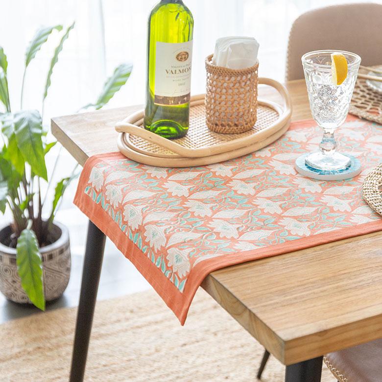テーブルランナー インド ブロック プリント 柄 綿 コットン W約150cm テーブルカバー 布 ダイニング オレンジ アジアン エスニック 34452-og | ブランド登録なし | 09