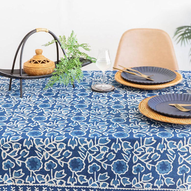 テーブルクロス インド ブロック プリント 柄 綿 コットン 約150cm×220cm テーブルカバー 布 ダイニング ブルー アジアン エスニック 34453-bl | ブランド登録なし | 10