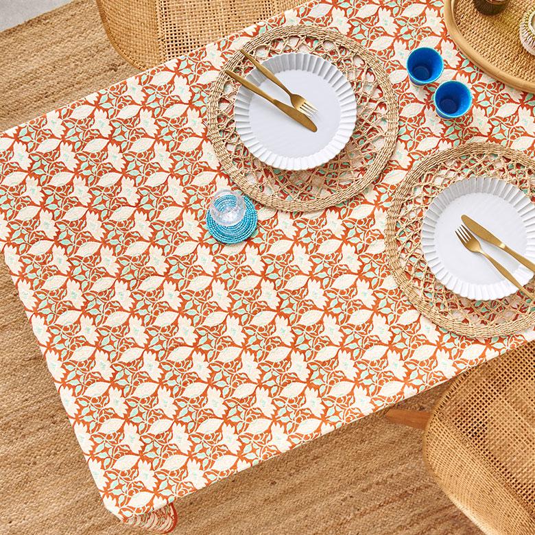 テーブルクロス インド ブロック プリント 柄 綿 コットン 約150cm×220cm テーブルカバー 布 ダイニング オレンジ アジアン エスニック 34453-og | ブランド登録なし | 12