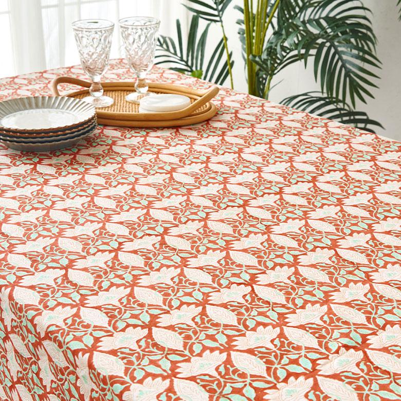テーブルクロス インド ブロック プリント 柄 綿 コットン 約150cm×220cm テーブルカバー 布 ダイニング オレンジ アジアン エスニック 34453-og | ブランド登録なし | 09