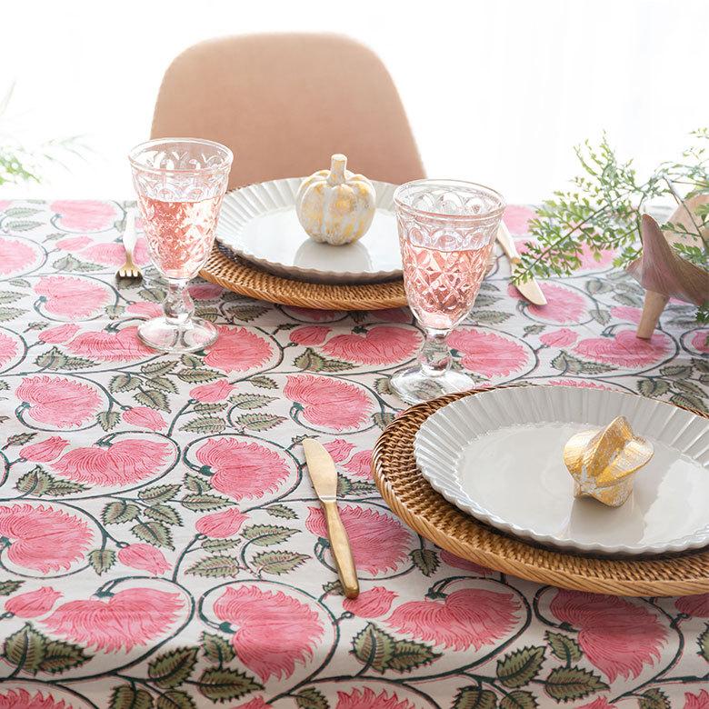 テーブルクロス インド ブロック プリント 柄 綿 コットン 約150cm×220cm テーブルカバー 布 ダイニング レッド ピンク アジアン エスニック 34453-rd | ブランド登録なし | 10