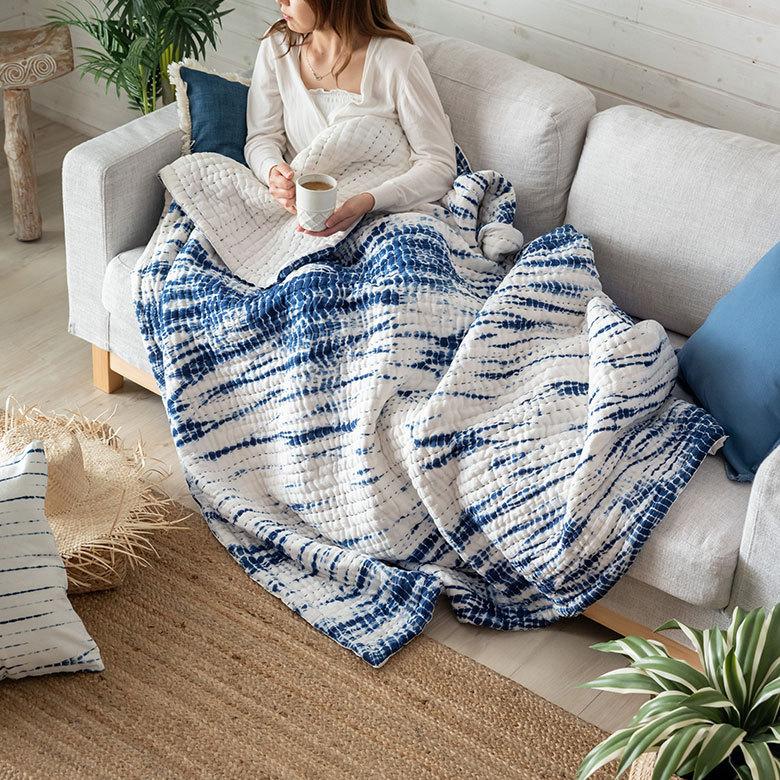 マルチカバー ソファー カバー キルト ベッド こたつ タイダイ 200×250 cm 正方形 洗える 夏 春 青 波 海 コットン 綿 ソファ おしゃれ インテリア 北欧 34501 | ELEMENTS（インテリア） | 02