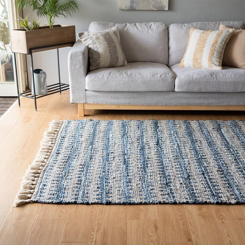 ラグ マット ラグマット インド デニム フリンジ付き 130×190cm Raha ラーハ 絨毯 じゅうたん 長方形 リビング 寝室 春 夏 秋 冬 おしゃれ 北欧 西海岸 34510 | ELEMENTS（インテリア） | 01