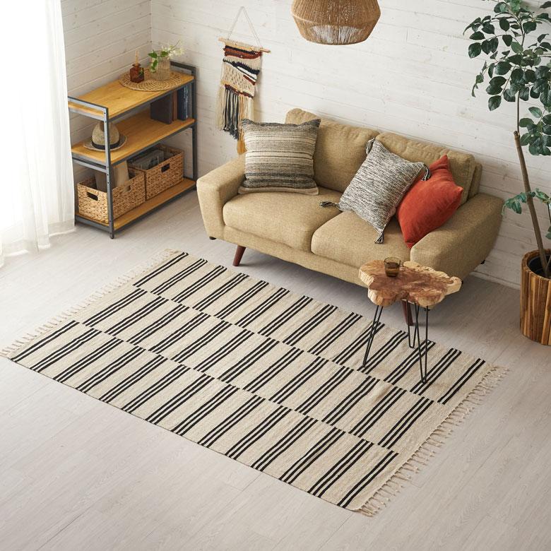 ラグ マット モノトーン ボーダー ストライプ インド製 約 140×200cm 夏用 絨毯 コットン フリンジ付き インテリア おしゃれ 北欧 西海岸 34528 | ELEMENTS（インテリア） | 14