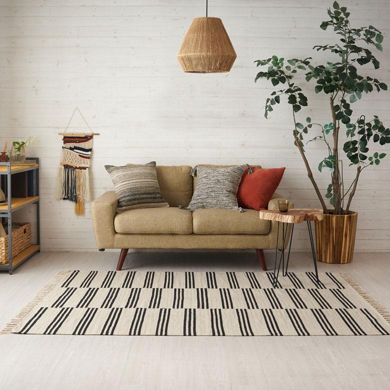 ラグ マット モノトーン ボーダー ストライプ インド製 約 140×200cm 夏用 絨毯 コットン フリンジ付き インテリア おしゃれ 北欧 西海岸 34528 | ELEMENTS（インテリア） | 02