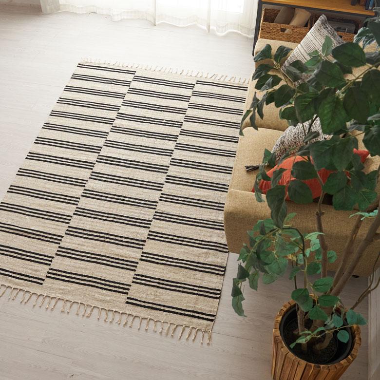 ラグ マット モノトーン ボーダー ストライプ インド製 約 140×200cm 夏用 絨毯 コットン フリンジ付き インテリア おしゃれ 北欧 西海岸 34528 | ELEMENTS（インテリア） | 04