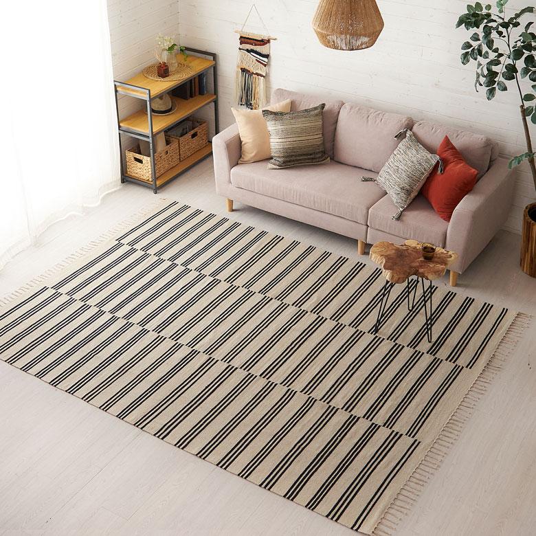 ラグ マット モノトーン ボーダー ストライプ インド製 約 200×250cm 夏用 カーペット コットン フリンジ付き インテリア おしゃれ 北欧 西海岸 34529 | ELEMENTS（インテリア） | 14