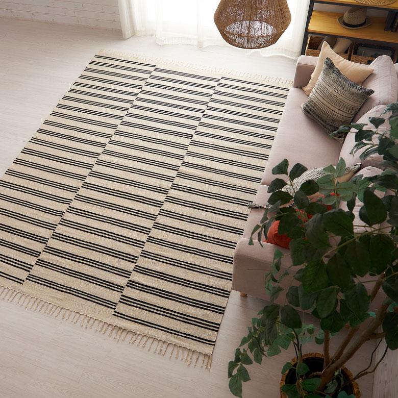 ラグ マット モノトーン ボーダー ストライプ インド製 約 200×250cm 夏用 カーペット コットン フリンジ付き インテリア おしゃれ 北欧 西海岸 34529 | ELEMENTS（インテリア） | 04