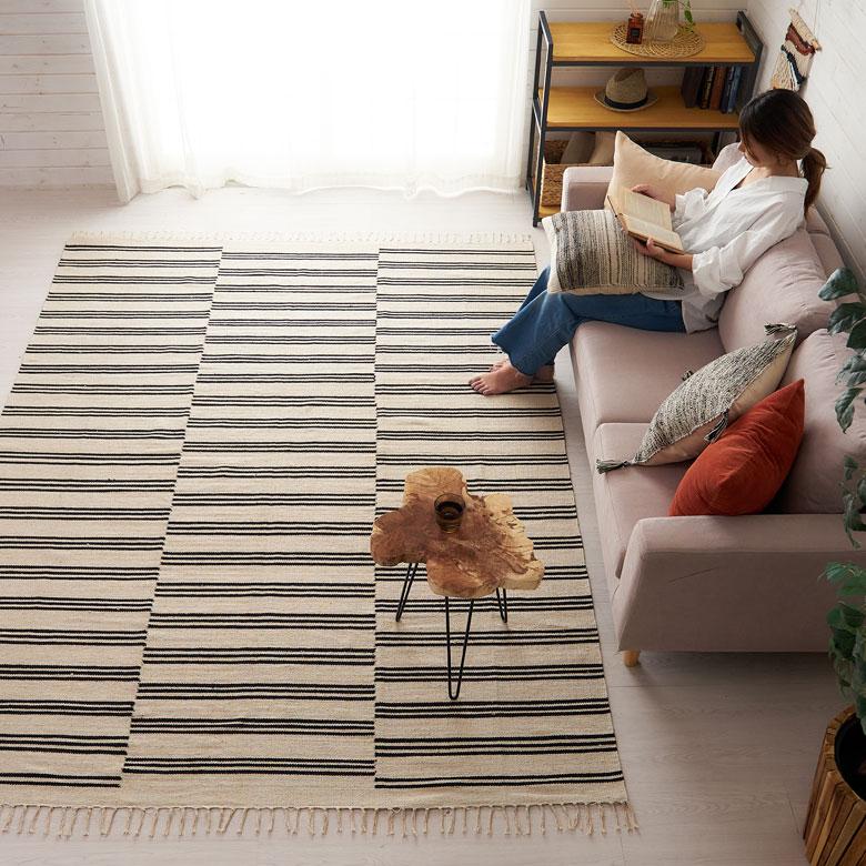 ラグ マット モノトーン ボーダー ストライプ インド製 約 200×250cm 夏用 カーペット コットン フリンジ付き インテリア おしゃれ 北欧 西海岸 34529 | ELEMENTS（インテリア） | 09
