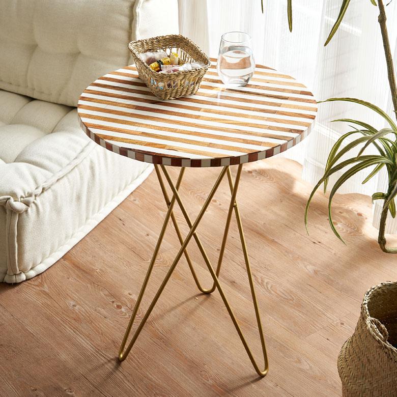 サイドテーブル 円形 ラウンド マットゴールドクロス脚 ボーダー ソファー プランター フラワースタンド 室内 屋内 おしゃれ  北欧 モダン 西海岸 34548 | ELEMENTS（インテリア）