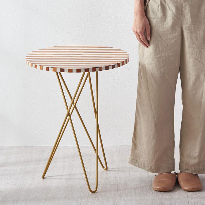 サイドテーブル 円形 ラウンド マットゴールドクロス脚 ボーダー ソファー プランター フラワースタンド 室内 屋内 おしゃれ  北欧 モダン 西海岸 34548 | ELEMENTS（インテリア） | 14
