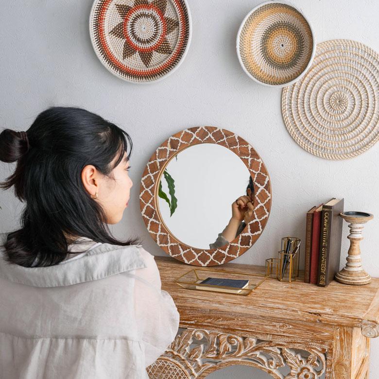 鏡 壁掛けミラー 円形 丸型 モロッカン柄 かがみ ウォール 化粧鏡 立て掛け鏡 リビング 寝室 玄関 トイレ  おしゃれ モロッカン 西海岸 34551 | ELEMENTS（インテリア） | 03