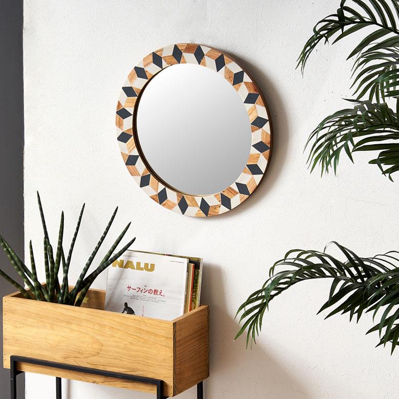 鏡 壁掛け鏡 円形 丸型 ジオメトリック柄 かがみ ウォールミラー 化粧鏡 立て掛け鏡 リビング 寝室 玄関 トイレ  おしゃれ モロッカン 西海岸 34552 | ELEMENTS（インテリア） | 01