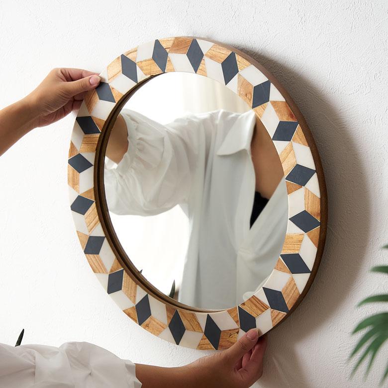 鏡 壁掛け鏡 円形 丸型 ジオメトリック柄 かがみ ウォールミラー 化粧鏡 立て掛け鏡 リビング 寝室 玄関 トイレ  おしゃれ モロッカン 西海岸 34552 | ELEMENTS（インテリア） | 05