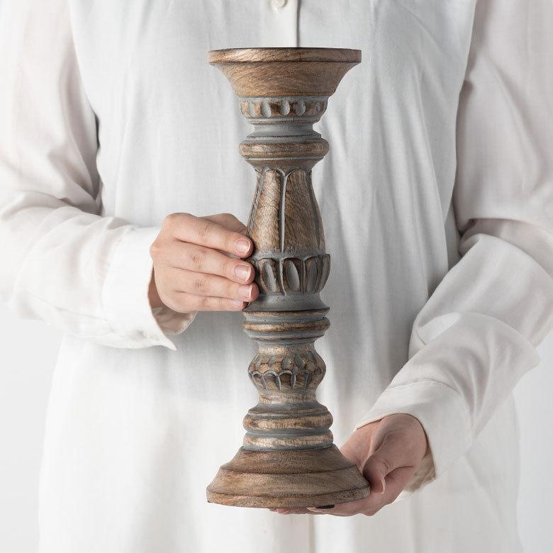 ELEMENTS キャンドルホルダー グレイウォッシュ 木製 ラウンド型 M