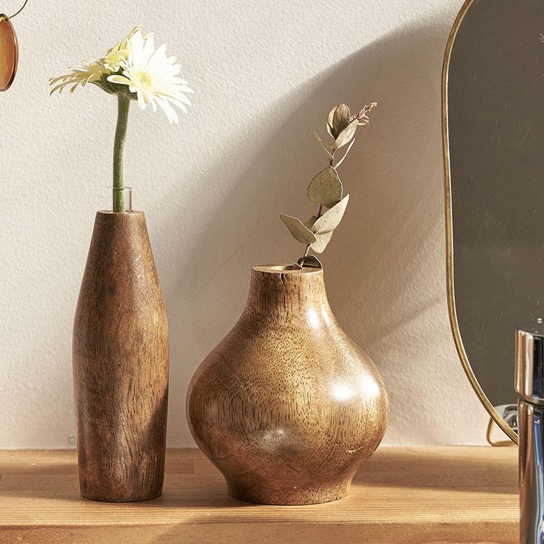 一輪挿し フラワーベース マンゴー ウッド 天然 木 製 ガラス 花瓶 約