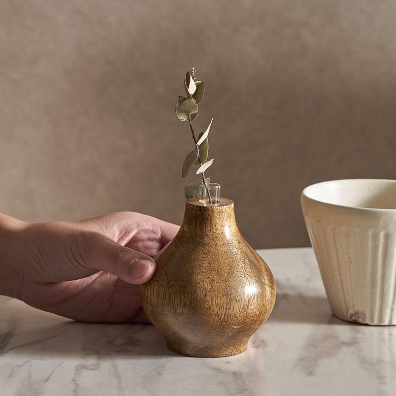 一輪挿し フラワーベース マンゴー ウッド 天然 木 製 ガラス 花瓶 約 W 9cm D 9cm H 9cm 花器 生 花 入れ オブジェ 卓上 北欧 おしゃれ 雑貨 西海岸 34584 | ブランド登録なし | 07