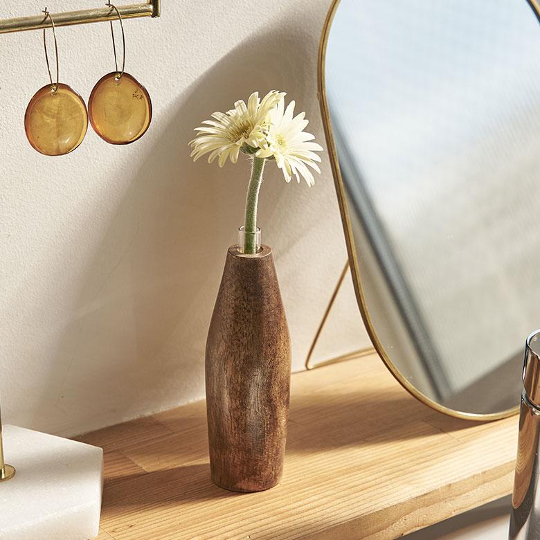 一輪挿し フラワーベース マンゴー ウッド 天然 木 製 ガラス 花瓶 約